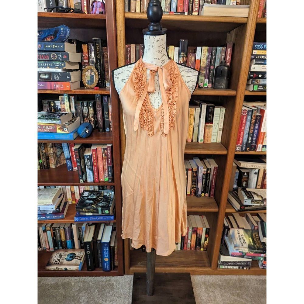LOVESTRUCK peach silk mini slip dress pussybow tie sz m euc